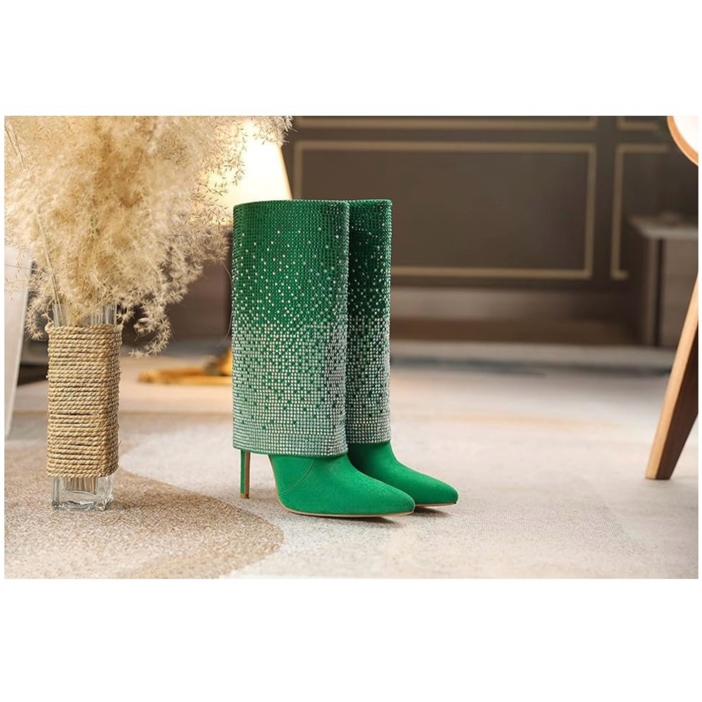 Vivanly women’s pointed toe stiletto heel rhinestone mid-calf boots glitter boot